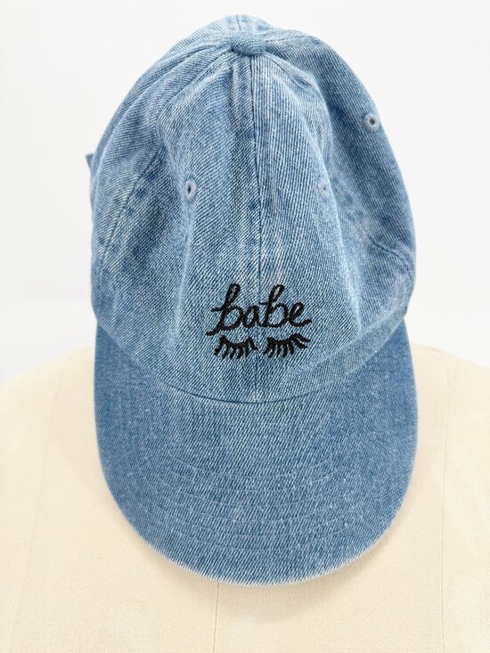 Newhattan Accessories - Babe Eyelashes Slideback Denim Hat Blue OSFA Cotton Embroidered Newhattan
